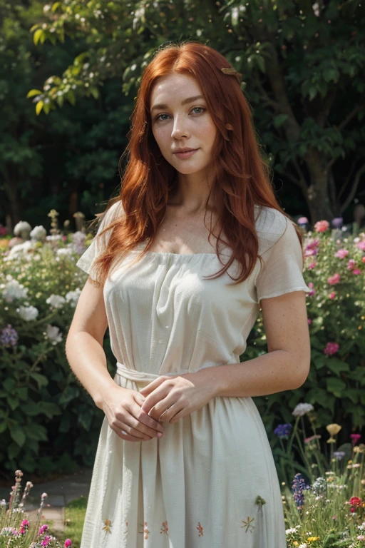 beautiful average looking woman, smiling, dress, full-body, , intricate details, interior, ginger hair:1.3, dark studio, muted colors, freckles