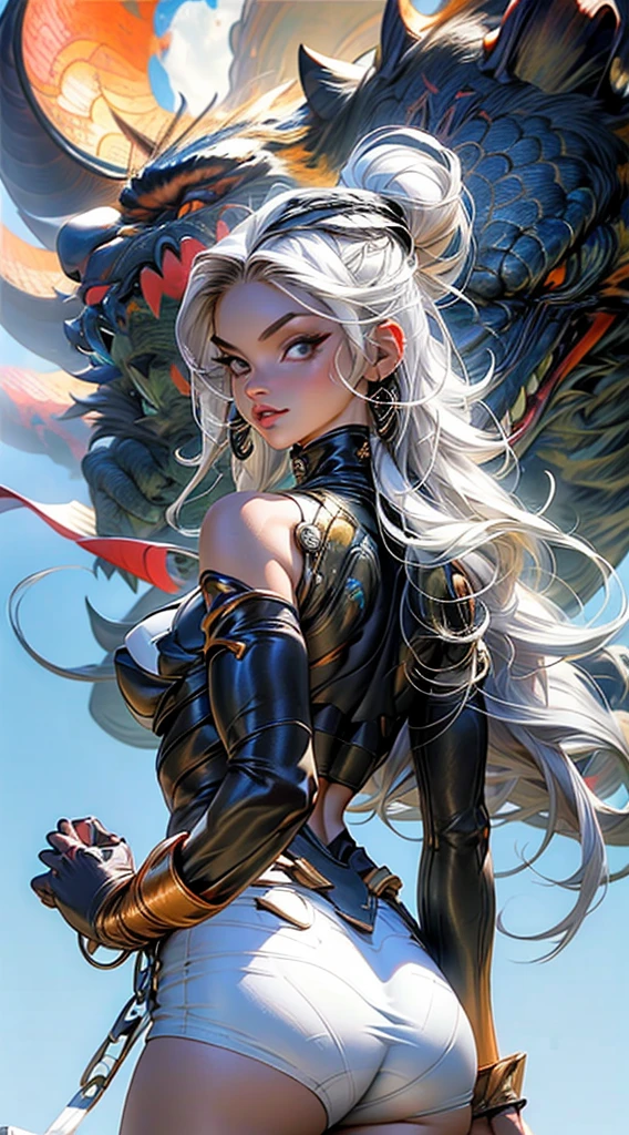 ((Simon Bisley)), (((masterpiece))), 8k HD, (((full body)))), Beautiful full-body woman, 28 years old, muscular and perfect body, (((Chinese dragons tattoos covering the arms))), He-man hair, fierce warrior, absurd details, absudres, Frank Frazetta, large breasts, generous neckline, lots of metal in the clothes, metal silver gloves, fantastic art clothes, colorful hair, brave face, dark kingdom, sexy pose, fantastic landscape, adult fantasy, ((close-up of a woman in a silver, black and bright tael clothe)), chengwei pan on artstation, by Yang J, detailed fantasy art, stunning character art, fanart best artstation, epic and exquisite character art, beautiful armor, extremely detailed art, detailed digital anime art, artgerm on artstation pixiv,