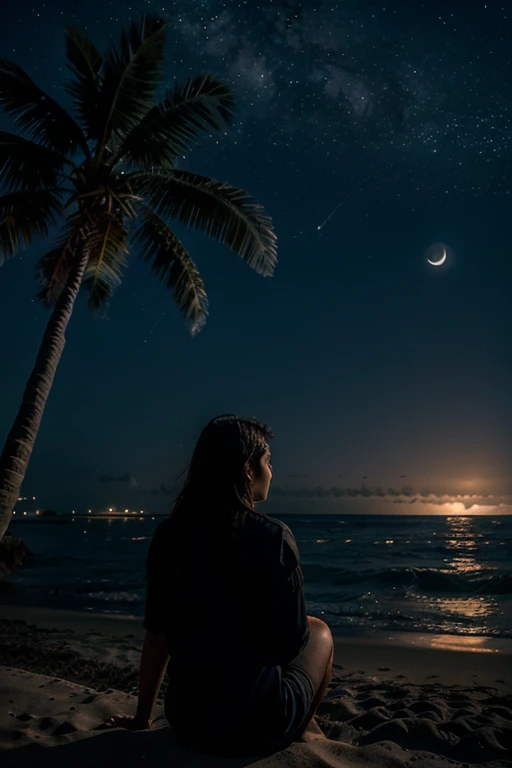 The shore of the sea and a palm tree in the darkness of the night and the half moon and stars in the sky and a person sitting.