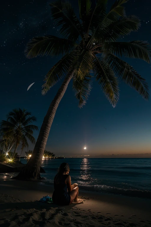 The shore of the sea and a palm tree in the darkness of the night and the half moon and stars in the sky and a person sitting.