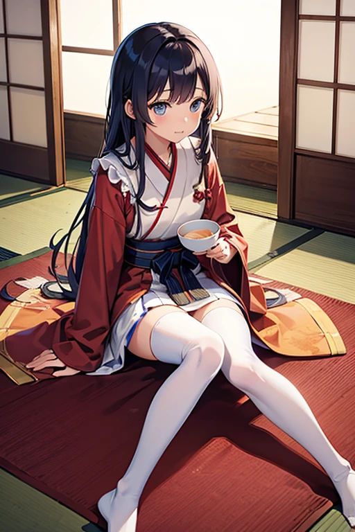 mahiru shiina A petite woman with very long hair down to her feet and bright blue eyes, wearing a high-necked woolen blouse and white stockings, while enjoying a cup of tea in a traditional Japanese room. She is sitting on a soft tatami mat, with her legs folded beneath her, and around her there are beautiful landscape paintings and an elegant vase of cherry blossoms. Her expression is calm and serene, reflecting the tranquility of the environment around her.