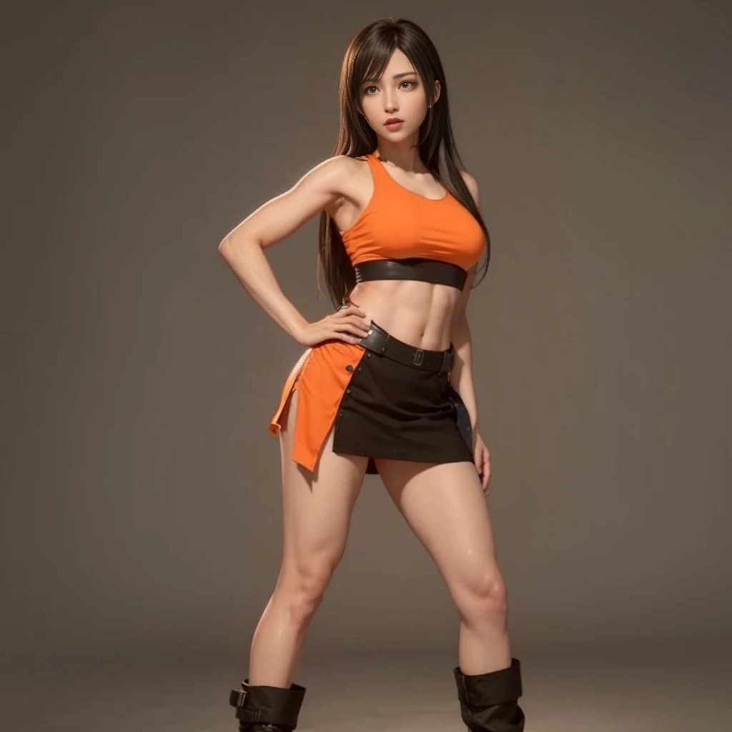 (best quality,ultra-detalhado),(Realistic:1.37),Tifa Lockhart, Rosto bonito e detalhado, maquiagem preta nos olhos, expression serious, textura ultra realista, rosto delicado, corpo delicado, Fit physique, usando batom e brilho labial
