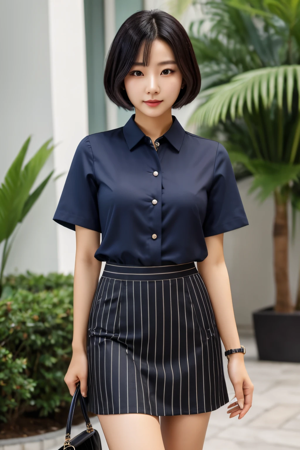 A single shy short slim black-bob Korean lady in a pinstriped blue professional blouse, and solid black skirt.