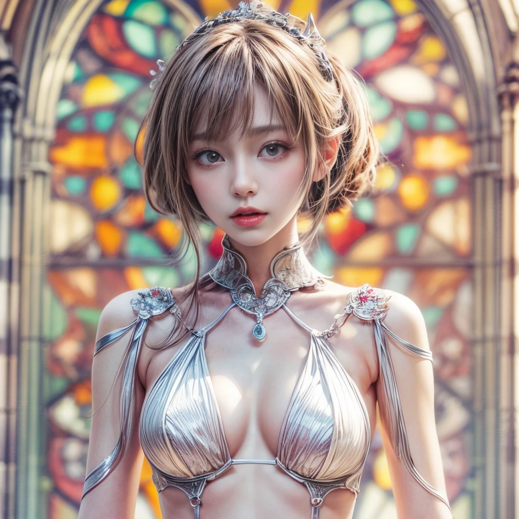 ( Masterpiece, White and vivid colors, (Exposed:1.2), (nipple:-0.9)(Acutance:0.9)), (((Renbutsu Misako|Misako Renbustu))), ((face variations)), { Navel | pretty Ass }, portrayed in the best quality and high resolution. The image should be ultra-detailed, realistic, and photorealistic with a touch of rawness. concept art. The color tone should be vibrant and vivid, enhancing the overall visual impact. (Whole Body proportions and all limbs are anatomically accurate), (Vivid Colorful light shines through the delicate stained glass). delicate limbs, Detail of sparkling oiled ivory skin, (short Bob, delicate wear), Whole Body proportions and all limbs are anatomically accurate .