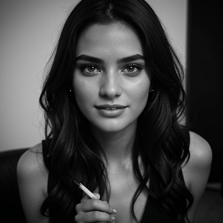 photo of a stunning girl with cigarette, photoshoot close up, black and white, black backgrouwnd wearing black dress, nice pair of shoes, at home, natural bust, wavy hair, intense look, smiling, symmetrical eyes, symmetrical face, photorealistic, photography, path tracing, specular lighting, volumetric face light, path traced hair, visible shadows, intricate, elaborate, hyper realistic