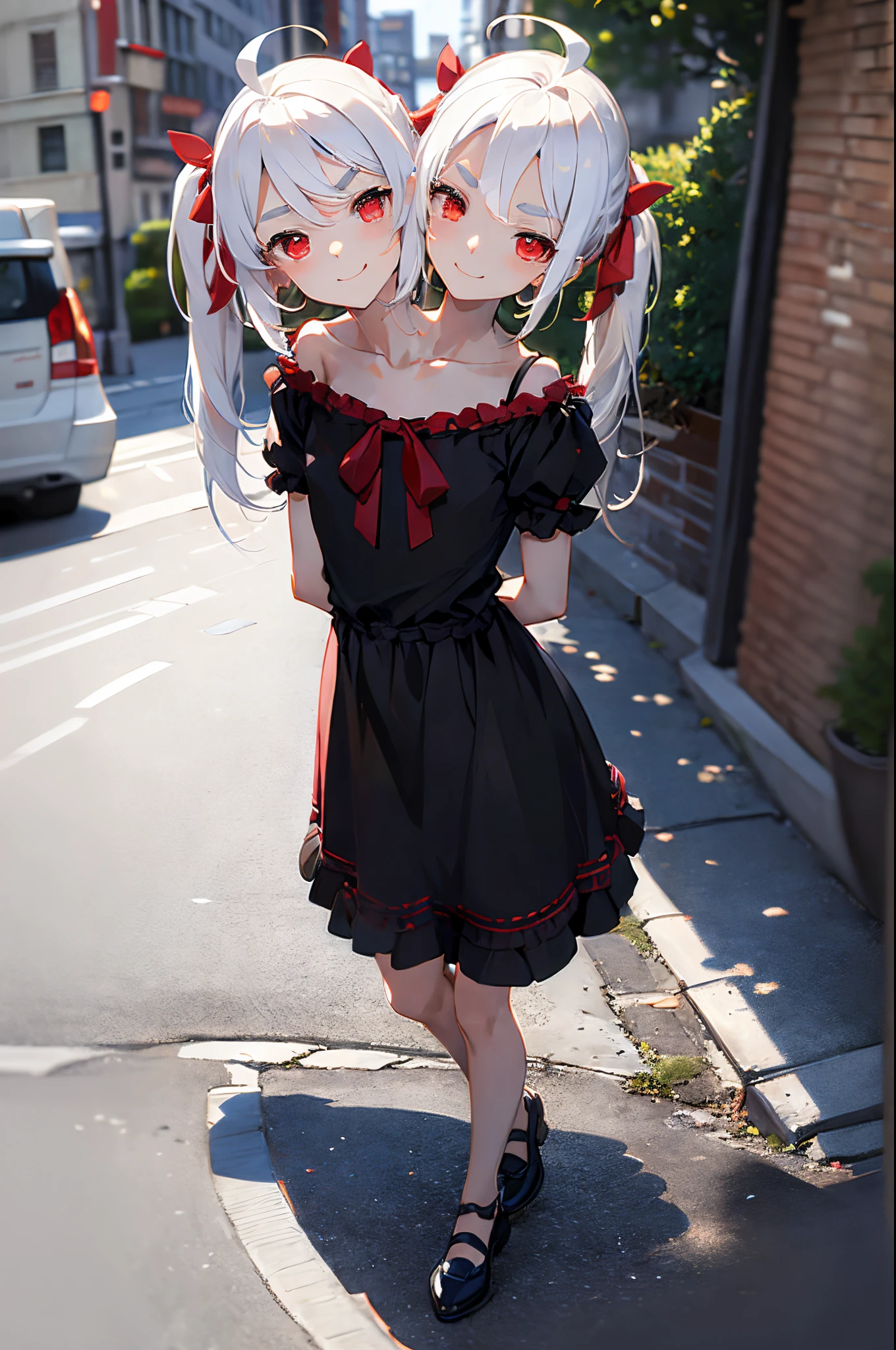 (2heads:1.6), masterpiece, absurdres, best quality, 1girl, solo, cute, (white hair:1.2), long twintails, red eyes, smile, half-closed eyes, tired eyes, red eyes, short, petite, (flat chested), (red hair ribbons), short black dress, bare legs, black shoes, sidewalk, beautiful background, walking, looking at viewer, arms crossed, dynamic angle, ahoge, (thick eyebrows:1.1)