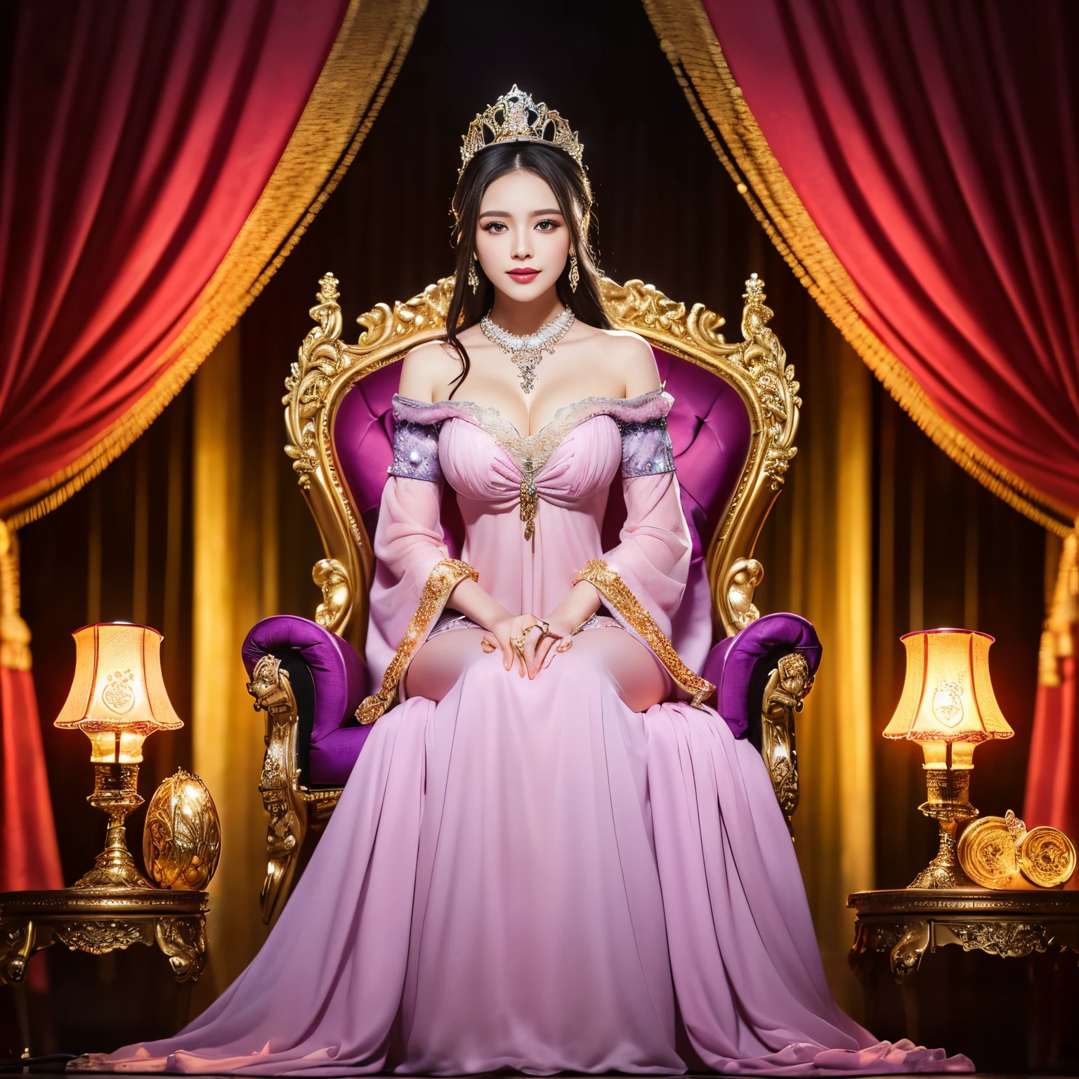 ((top-quality、masutepiece、8K、Top image quality、Highly complex and detailed depictions))、one prostitute goddess、The ultimate luxury with everything you can imagine、The most luxurious and majestic prostitute goddess costume、(The most luxurious and intricate pink and purple curtains:1.3)、Sit on the most luxurious and majestic throne、(Practical lighting with two lamps:1.5)、(Dramatic Lighting:1.3)、(Two of the most luxurious and extravagant lamps:1.3)、(spectacular movie lighting:1.3)、(Luxury brothel background:1.2)、(Romantic and dark night:1.3)、(Background completely surrounded by luxurious curtains:1.3)、(blurry backround:1.3)、Smiling as she stares at the camera、Upper body photo、(The most luxurious and majestic throne:1.1)、artistic décor、Large amount of jewelry decoration、The most luxurious and huge tiara、detailed ornament、Giant Gems、giant pink and purple costume、(pink and purple big sleeves:1.1)、Very fine decoration、Very complex decoration、royal, yudai、(Frontal close-up:1.1), (exact and perfect throne:1.1)、(perfect and majestic costume:1.1)、(Symmetrical composition:1.1)