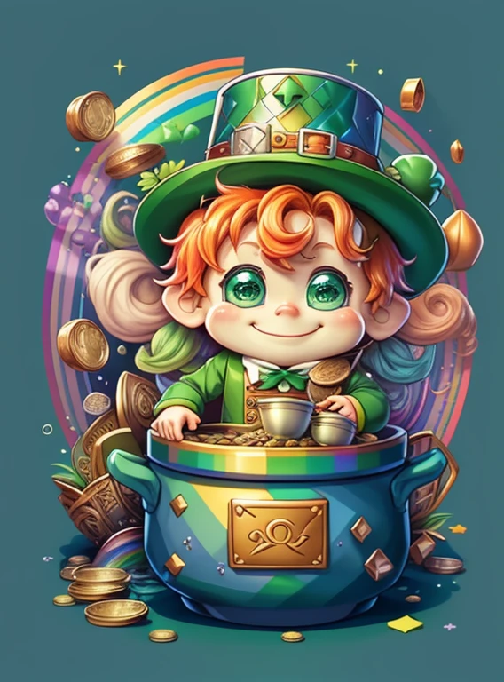 (cute leprechaun smiling with rainbow and a pot of coins) Munchkin ,Geometric multidimensional wall portrait, livro de arte, Tchibi,
Yang08k, Beautiful, Colouring,
Obras, of the highest quality, best quality, Arte Oficial, Beautiful and Aesthetic,