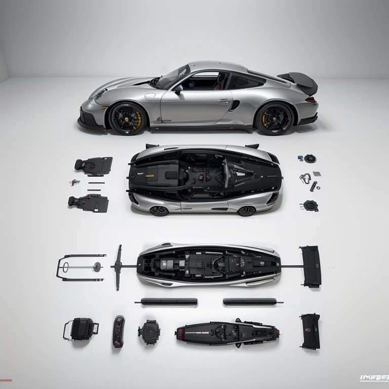 Exploded view diagram of a Porsche, detailed with separated components and parts, including engine, chassis, and body, set against a white background, captured using a Nikon D850, 35mm lens, f/8 aperture, ISO 100, with studio lighting, in a realistic technical illustration style.