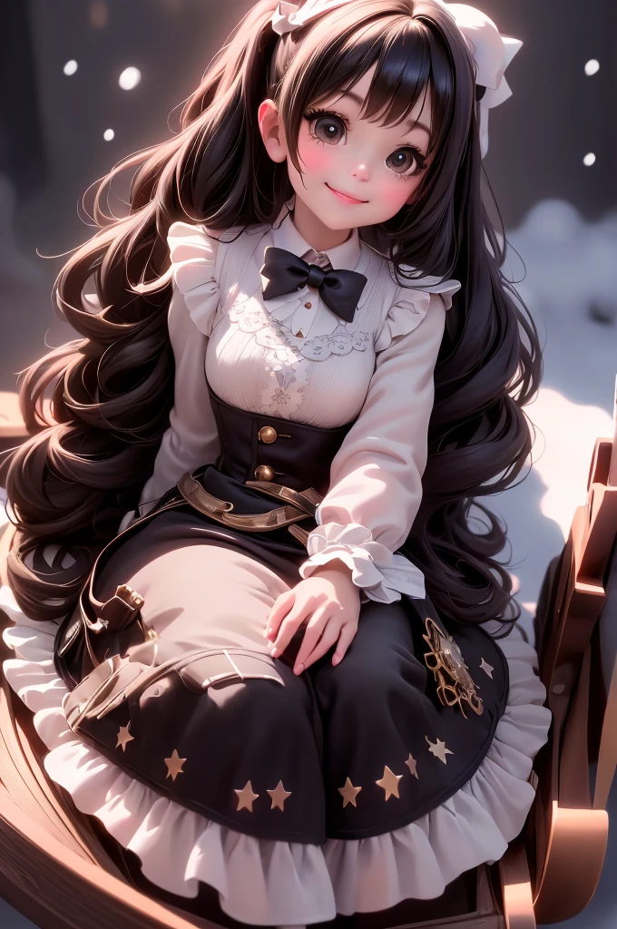 amasterpiece, best quality, 8k, cinematic light, ultra high res, chibi, a cute girl smiling sitting on a sleigh, black hair, christmas steampunk dress, christmas hair bows, (white pantyhose), (black pumps), magical night, winter night, magical sparks floating, falling snow, dark shadows, ((dark fantasy)),