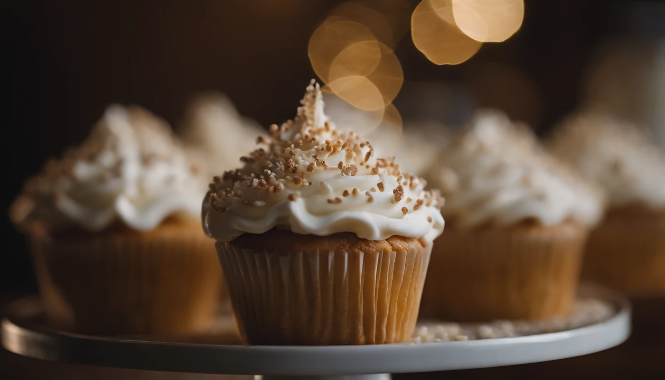 Capture a detail shot of a perfectly frosted cupcake, showcasing the intricate piping work and decorative elements that make it a visually appealing and sweet snack