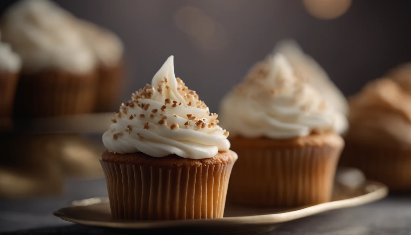 Capture a detail shot of a perfectly frosted cupcake, showcasing the intricate piping work and decorative elements that make it a visually appealing and sweet snack