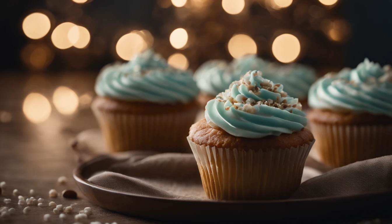 Capture a detail shot of a perfectly frosted cupcake, showcasing the intricate piping work and decorative elements that make it a visually appealing and sweet snack