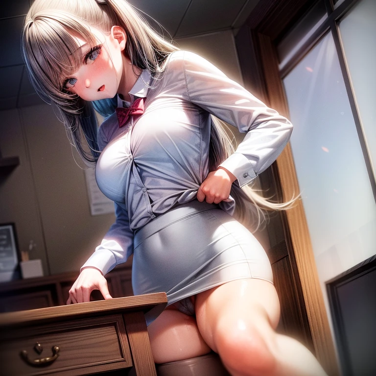 1girl, Table hump, rubbing the perineum, white  shirt, pencil skirt, office, white panty, skirt lift, strap, a table, elevation, multiple boys,A thought-provoking liquid,, Masterpiece, Best Quality, Highly detailed, (From Bottom:1.1)