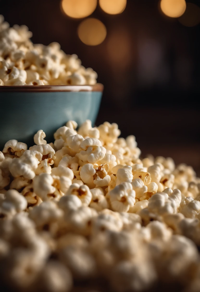 Capture a close-up shot of a bowl of popcorn, showcasing the fluffy and buttery kernels and capturing the anticipation of enjoying this classic and satisfying snack