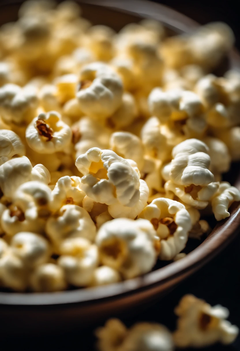 Capture a close-up shot of a bowl of popcorn, showcasing the fluffy and buttery kernels and capturing the anticipation of enjoying this classic and satisfying snack