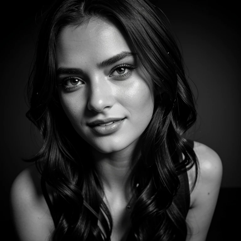 photo of a stunning girl with cigarette, photoshoot close up, black and white, black background, sexy face, wearing black dress, nice pair of shoes, at home, natural bust, wavy hair, intense look, smiling, symmetrical eyes, symmetrical face, photorealistic, photography, path tracing, specular lighting, volumetric face light, path traced hair, visible shadows, intricate, elaborate, hyper realistic