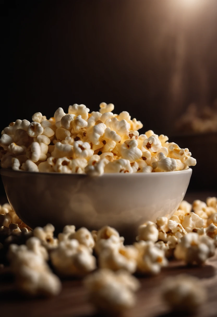 Capture a close-up shot of a bowl of popcorn, showcasing the fluffy and buttery kernels and capturing the anticipation of enjoying this classic and satisfying snack
