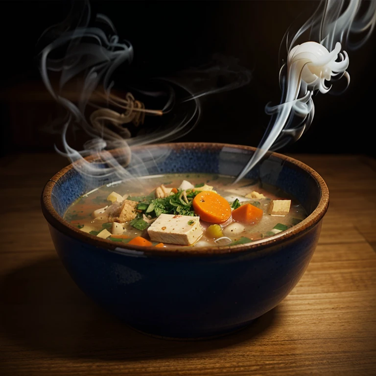A bowl of soup with smoke, realistic,with movie type bg