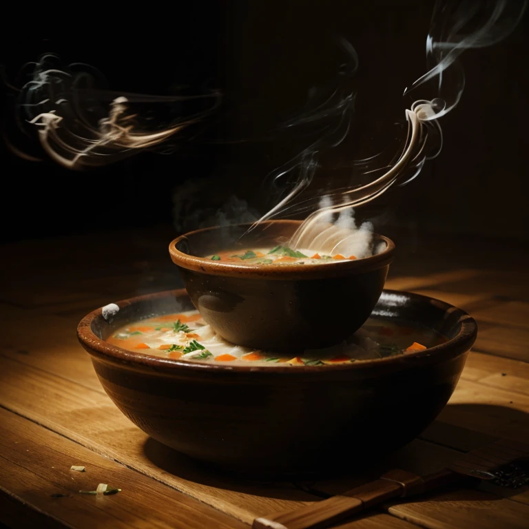 A bowl of soup with smoke, realistic,with movie type bg