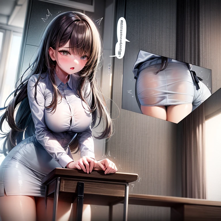 2girls, Table hump, rubbing the perineum, white  shirt, pencil skirt, office, white panty, skirt lift, strap, a table, elevation, multiple boys,A thought-provoking liquid,, Masterpiece, Best Quality, Highly detailed, (From Bottom:1.1)