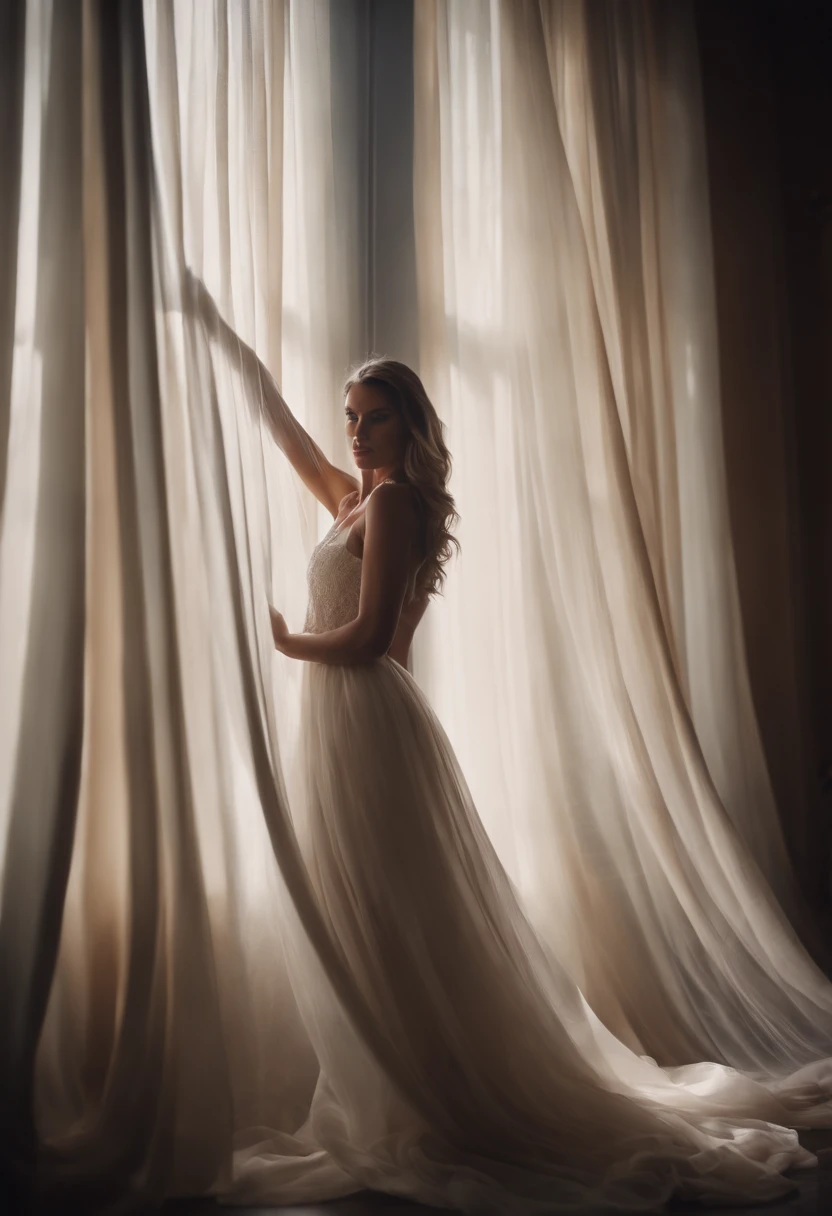 Capture a dynamic action shot of a soft, flowing curtain or fabric, capturing the ethereal movement and creating a soft and dreamlike background