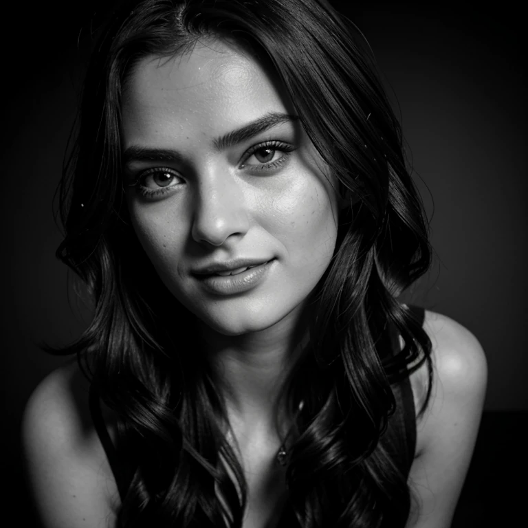 photo of a stunning girl with cigarette, photoshoot close up, black and white, black background, sexy face, wearing black dress, nice pair of shoes, at home, natural bust, small Swedish nose, wavy hair, intense look, smiling, symmetrical eyes, symmetrical face, photorealistic, photography, path tracing, specular lighting, volumetric face light, path traced hair, visible shadows, intricate, elaborate, hyper realistic