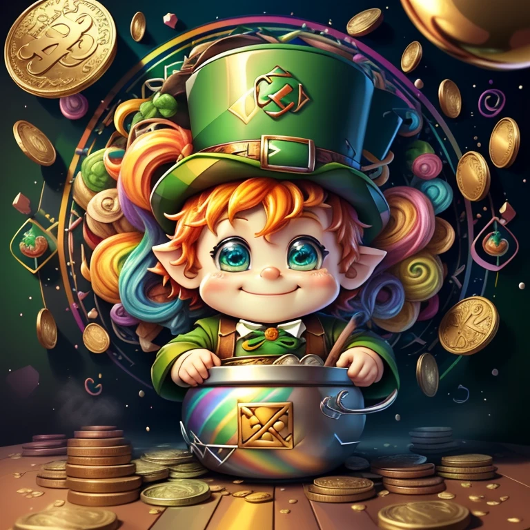 (cute leprechaun smiling with rainbow and a pot of coins) Munchkin ,Geometric multidimensional wall portrait, livro de arte, Tchibi,
Yang08k, Beautiful, Colouring,
Obras, of the highest quality, best quality, Arte Oficial, Beautiful and Aesthetic,