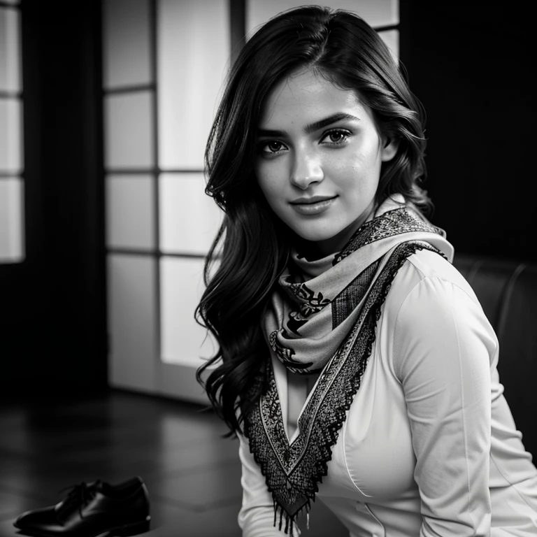 photo of a stunning girl, photoshoot close up, black and white, black background, sexy face, wearing palestinian dress, plaestine scarf, nice pair of shoes, at home, natural bust, small Swedish nose, wavy hair, intense look, smiling, symmetrical eyes, symmetrical face, photorealistic, photography, path tracing, specular lighting, volumetric face light, path traced hair, visible shadows, intricate, elaborate, hyper realistic
