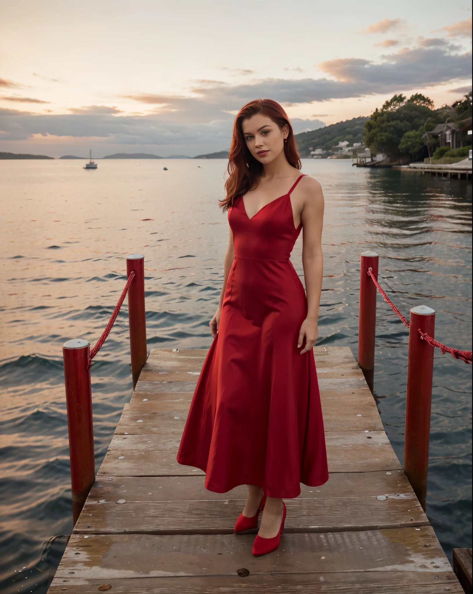 a woman in a red dress standing on a dock by the ocean, in a red dress, wearing red dress, red dress, wearing a red dress, sexy red dress, opened dress, in long red or blue dresses, sexy gown, red hot, actress, girl wears a red dress, all red, in crimson red, wearing long gown