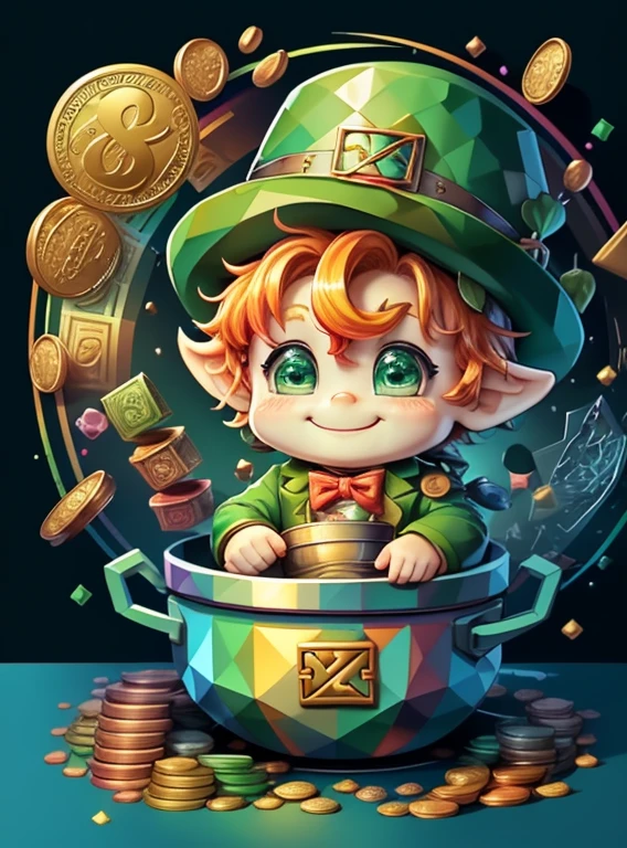 (cute leprechaun smiling with rainbow and a pot of coins) Munchkin ,Geometric multidimensional wall portrait, livro de arte, Tchibi,
Yang08k, Beautiful, Colouring,
Obras, of the highest quality, best quality, Arte Oficial, Beautiful and Aesthetic,