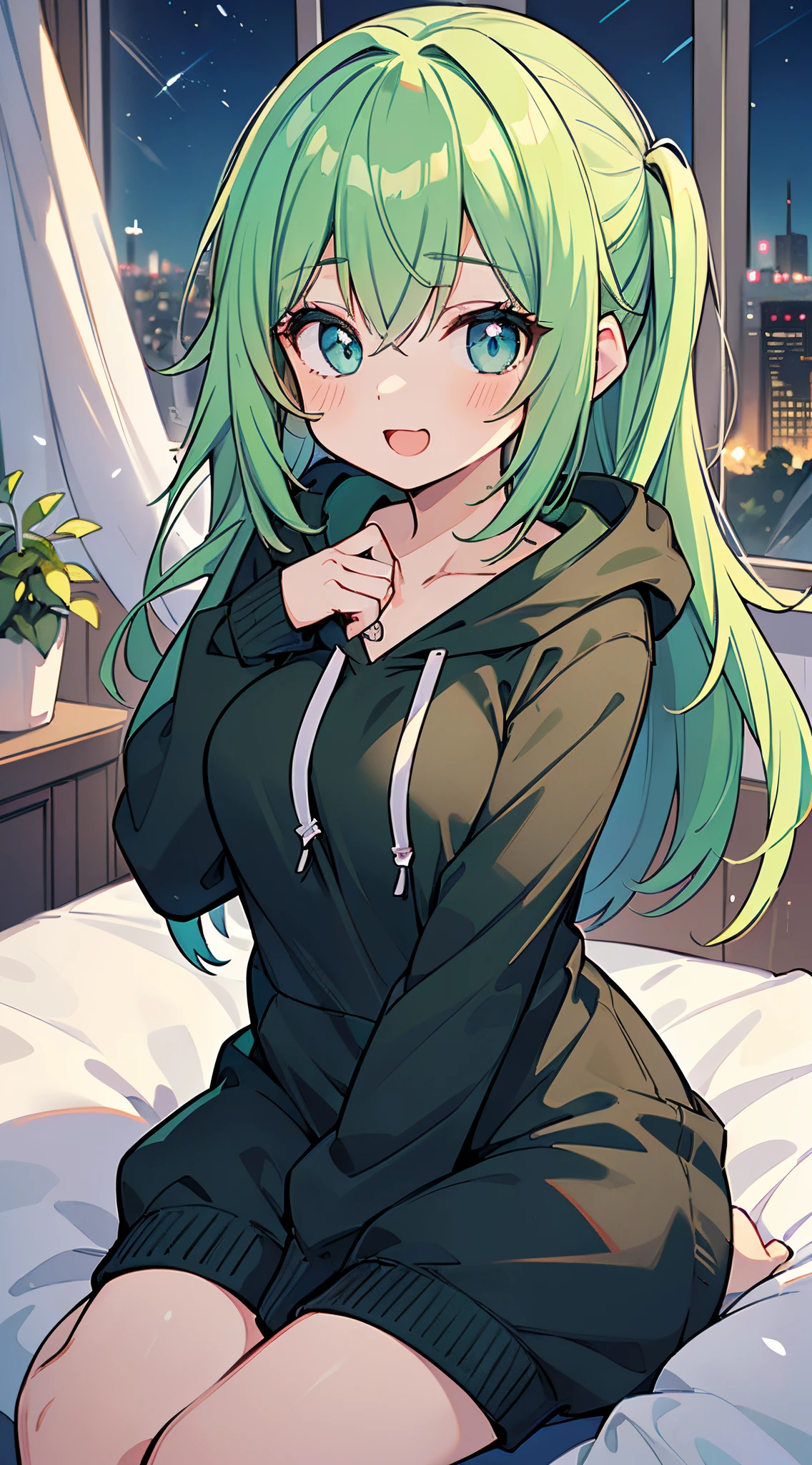 ((A Pretty girl with green hair and blue eyes))、((wearing black hoodie))、Loli face、((master piece、top-quality、ultra-definition、high resolution))、anime girl、((ultra-detailed illust:1.2))、only one person、bangs、hair between eye、beautiful hair、Beautiful eyes、Medium breasts、Big smile、opened mouth、((night cityscape))、((in the bedroom))