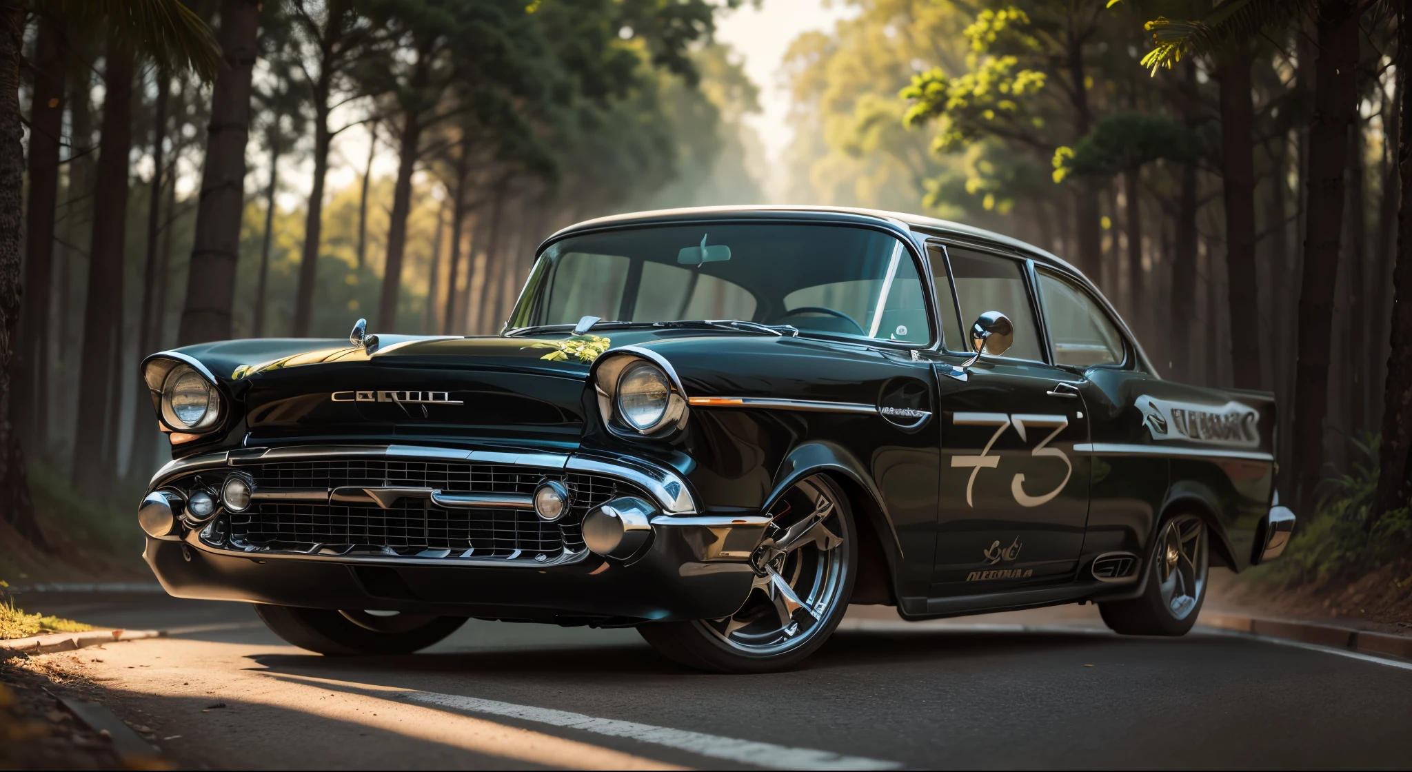 Um carro de corrida Red Chevy 57 personalizado sendo dirigido por um homem em uma estrada sinuosa. O carro em movimento, with trees lined up on both sides of the road. I want an image that captures the feeling of an exciting journey, com o homem curtindo o passeio em um dia ensolarado.