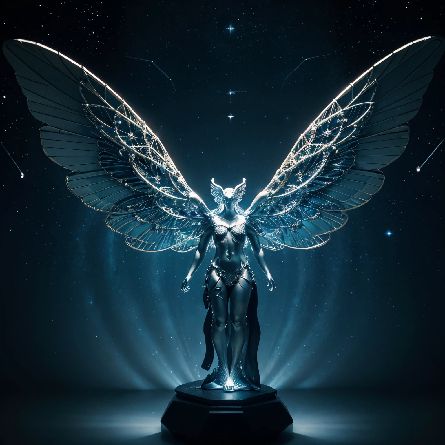 A 3d print of a celestial creature with ethereal wings, inspired by constellations. Its body could be adorned with glowing patterns resembling stars. This imaginative design combines elements of fantasy and cosmic inspiration