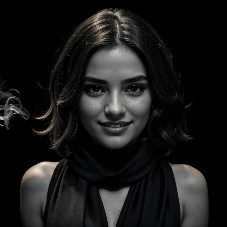 photo of a stunning girl with cigarette, photoshoot close up, black and white, black background, sexy face, smiling theeth, palestinian scarf, wearing black dress, nice pair of shoes, at home, natural bust, small Swedish nose, wavy hair, intense look, smiling, symmetrical eyes, symmetrical face, photorealistic, photography, path tracing, specular lighting, volumetric face light, path traced hair, visible shadows, intricate, elaborate, hyper realistic