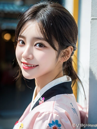 (masterpiece, best quality, photo realistic, official art:1.4), (UHD, 8K quality wallpaper, High resolution, raw photo, film grain:1.2), (shiny skin), professional lighting, physically-based rendering, Award-winning, highly detailed skin, (extremely detailed face and eyes, clear pupils), Carl Zeiss 300 mm F/2.8, depth of field, BREAK, 1girl, solo, kawaii 24-year-old Korean girl, (Nogizaka idol:0.7), (Korean idol Suzy), (glossy straight black hair, chignon, forehead:1.3), extra rounded face, (single eyelid), (big laughing:1.3), beautiful even white teeth, (wearing light pink Hanbok with colorful floral patterned embroideries:1.3), (breasts emphasized, well shaped medium breasts:0.8), (looking at viewer), BREAK, (at a Korean temple), winter daytime, warm sunlight, (seductive posing, dynamic angle:1.3), bust shot,
