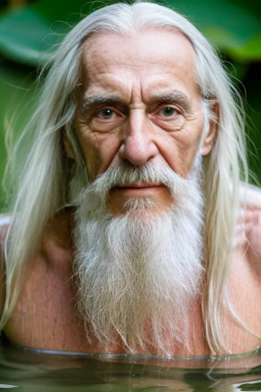 An elder with a long beard and white hair, with a serene face wrinkles, looking producing, body older weak, skinny bones hairy, body naked, his shirt was open to reveal his stomach wrinkles older hairy weak and chest, arms legs neck hands feet skinny old and weak, shy and blushed, Lying in the water,water lily,lotus leaf,Closed eyes,master-piece,4K images,beste-Qualit