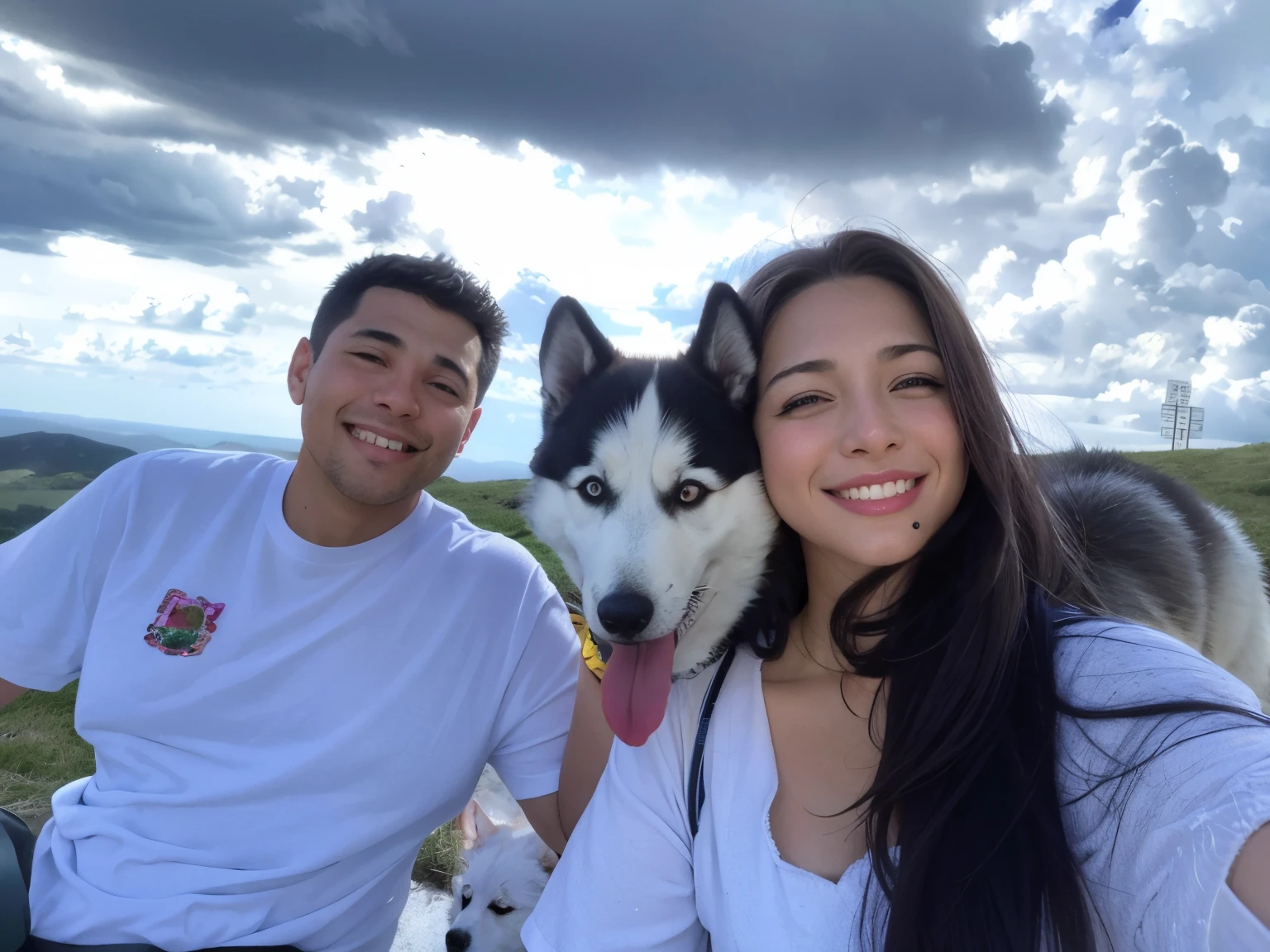 casal sorridente tirando selfie com cachorro husky na colina gramada, with dogs, Asher Duran, Directed by: Emma Andijewska, sentado bonito em uma montanha, em uma montanha, Montanhas ao fundo, Directed by: Niko Henrichon, na montanha, com montanhas como pano de fundo, Directed by: Anna Haifisch, husky, selfie of a dog, vacation photo, looking-into-camera