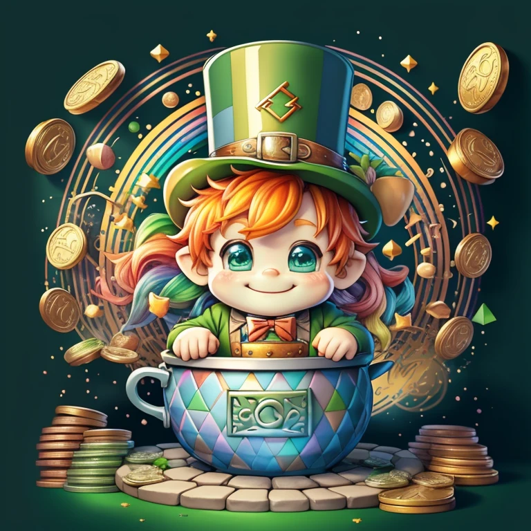 (cute leprechaun smiling with rainbow and a pot of coins) Munchkin ,Geometric multidimensional wall portrait, livro de arte, Tchibi,
Yang08k, Beautiful, Colouring,
Obras, of the highest quality, best quality, Arte Oficial, Beautiful and Aesthetic,