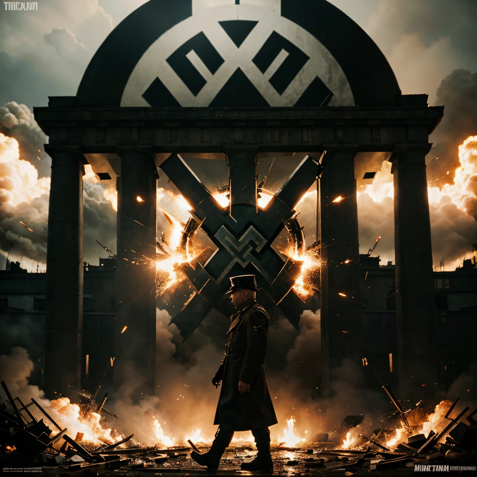 A ww2  movie poster with exploding bombs and Germany called hitlers revenge with nazi symbols