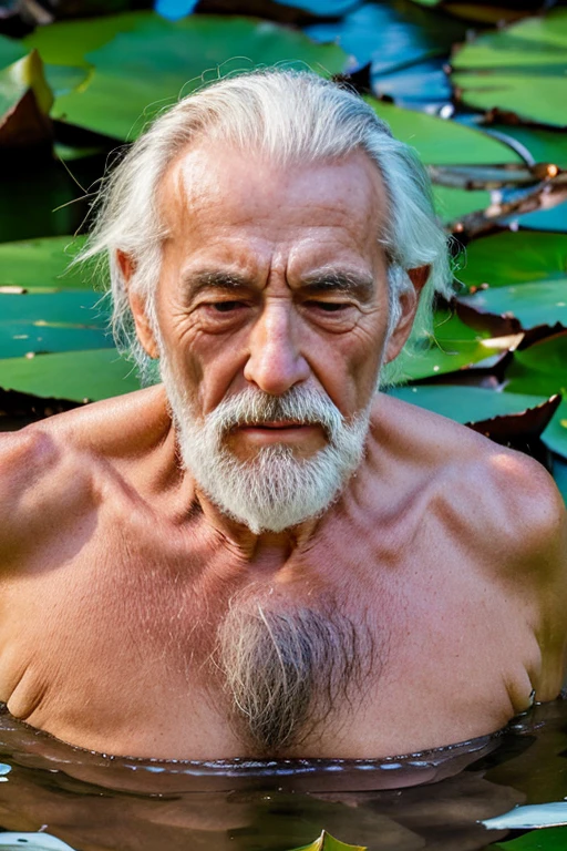 An elder with a long beard and white hair, with a serene face wrinkles, looking producing, body older weak, skinny bones hairy, body naked, his shirt was open to reveal his stomach wrinkles older hairy weak and chest, arms legs neck hands feet skinny old and weak, shy and blushed, Lying in the water,water lily,lotus leaf,Closed eyes,master-piece,4K images,beste-Qualit