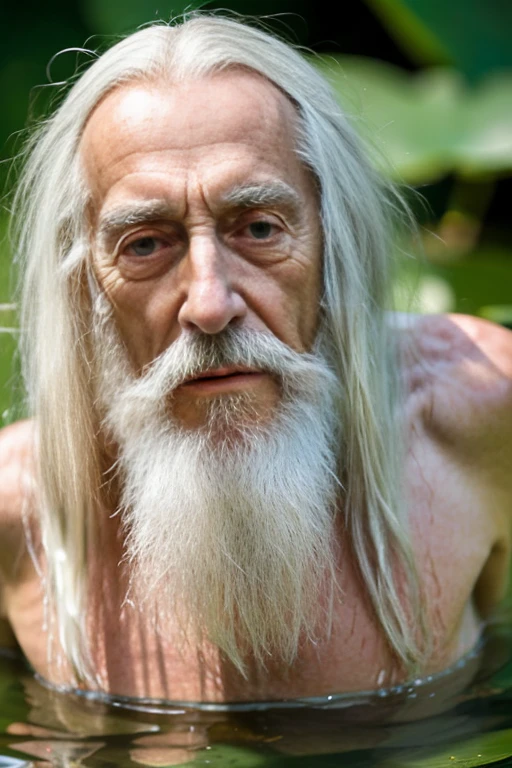 An elder with a long beard and white hair, with a serene face wrinkles, looking producing, body older weak, skinny bones hairy, body naked, his shirt was open to reveal his stomach wrinkles older hairy weak and chest, arms legs neck hands feet skinny old and weak, shy and blushed, Lying in the water,water lily,lotus leaf,Closed eyes,master-piece,4K images,beste-Qualit