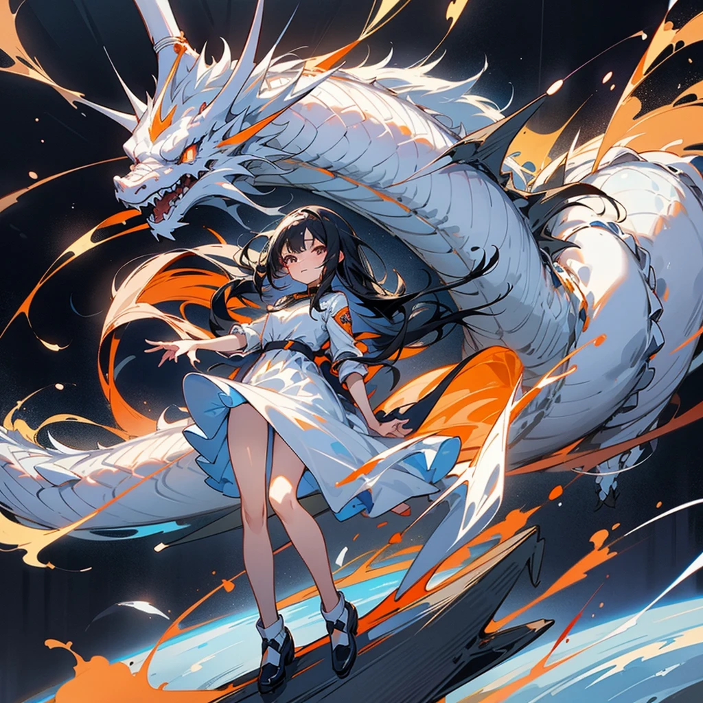 A girl age 18 with black hair, Blue eyes,white dress with black shoes,dragon with red eye orange yellow wish colour protection her in space at background