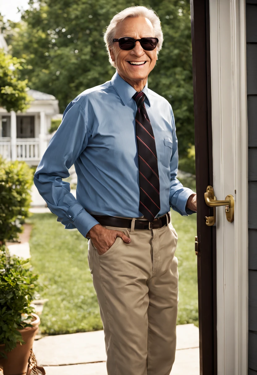 Visualize Jack, a middle-aged white man, stepping out of his front door, dressed in a formal suit, tie, and sunglasses.
He's on his way to meet his neighbor, who he's never met before, and wants to make a good impression.
As he approaches his neighbor's door, Jack adjusts his tie and clears his throat, feeling slightly nervous.
His neighbor, a friendly middle-aged woman, opens the door, dressed casually in jeans and a t-shirt.
Jack extends his hand confidently, offering a firm handshake, and introduces himself with a warm smile.
The neighbor reciprocates the handshake and introduces herself in return, appreciating Jack's polite gesture.
The two strike up a friendly conversation, with Jack making an effort to be polite and engaging, despite the stark contrast in their attire.
As they chat, the initial formality fades, and they begin to connect on a neighborly level, setting the foundation for a positive neighborly relationship.