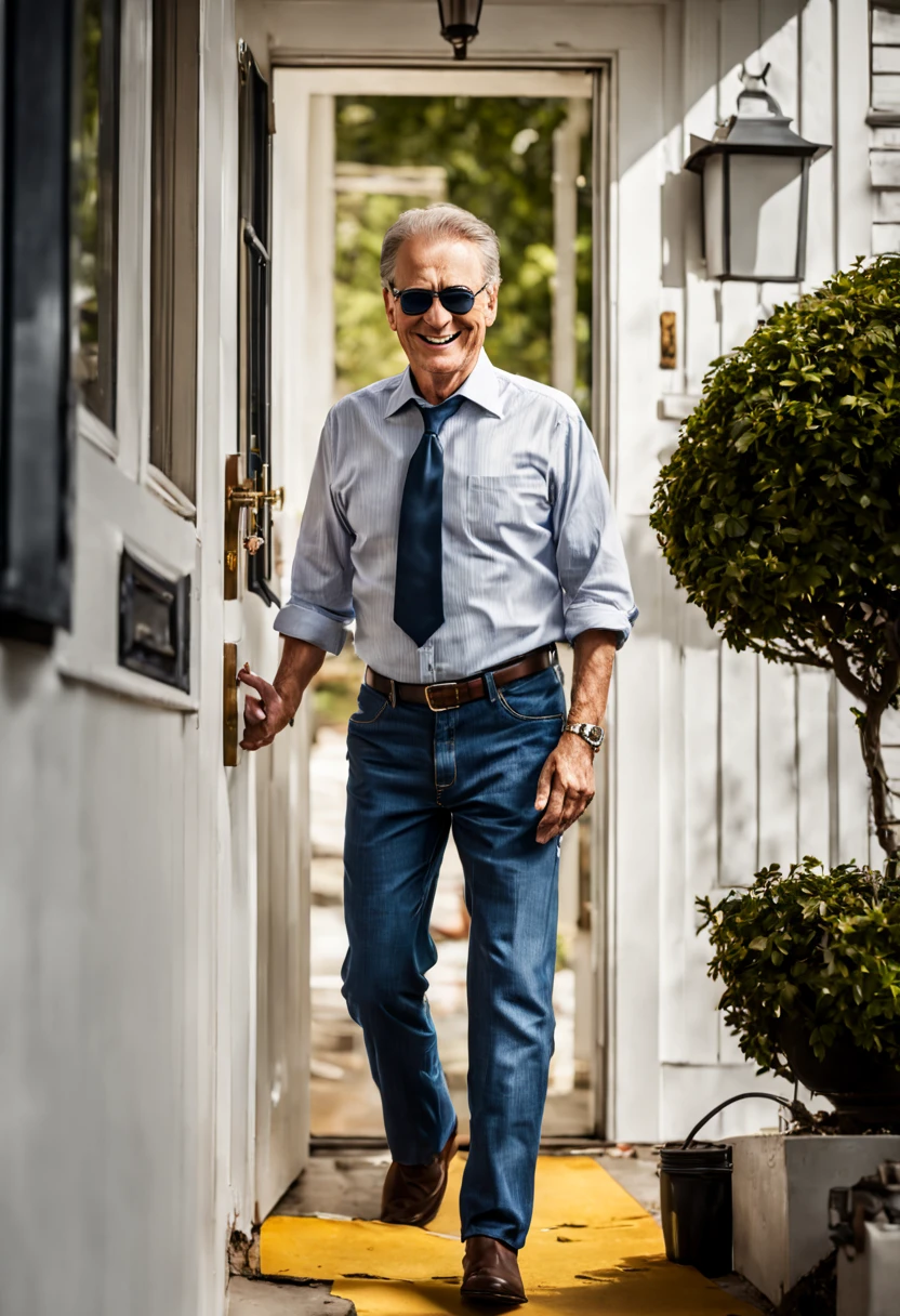 Visualize Jack, a middle-aged white man, stepping out of his front door, dressed in a formal suit, tie, and sunglasses.
He's on his way to meet his neighbor, who he's never met before, and wants to make a good impression.
As he approaches his neighbor's door, Jack adjusts his tie and clears his throat, feeling slightly nervous.
His neighbor, a friendly middle-aged woman, opens the door, dressed casually in jeans and a t-shirt.
Jack extends his hand confidently, offering a firm handshake, and introduces himself with a warm smile.
The neighbor reciprocates the handshake and introduces herself in return, appreciating Jack's polite gesture.
The two strike up a friendly conversation, with Jack making an effort to be polite and engaging, despite the stark contrast in their attire.
As they chat, the initial formality fades, and they begin to connect on a neighborly level, setting the foundation for a positive neighborly relationship.