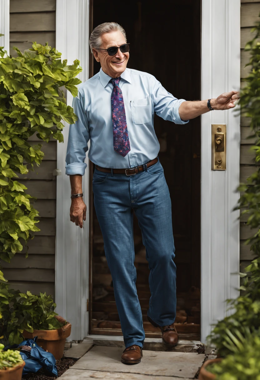 Visualize Jack, a middle-aged white man, stepping out of his front door, dressed in a formal suit, tie, and sunglasses.
He's on his way to meet his neighbor, who he's never met before, and wants to make a good impression.
As he approaches his neighbor's door, Jack adjusts his tie and clears his throat, feeling slightly nervous.
His neighbor, a friendly middle-aged woman, opens the door, dressed casually in jeans and a t-shirt.
Jack extends his hand confidently, offering a firm handshake, and introduces himself with a warm smile.
The neighbor reciprocates the handshake and introduces herself in return, appreciating Jack's polite gesture.
The two strike up a friendly conversation, with Jack making an effort to be polite and engaging, despite the stark contrast in their attire.
As they chat, the initial formality fades, and they begin to connect on a neighborly level, setting the foundation for a positive neighborly relationship.