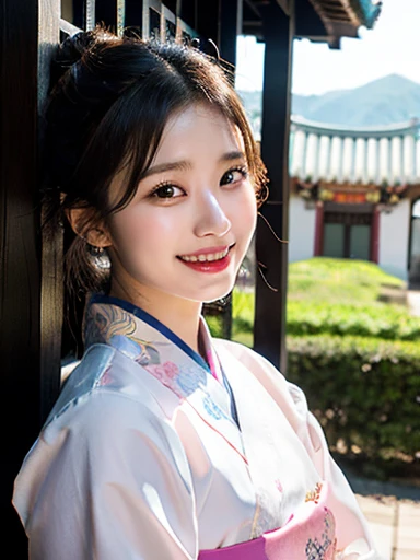 (masterpiece, best quality, photo realistic, official art:1.4), (UHD, 8K quality wallpaper, High resolution, raw photo, film grain:1.2), (shiny skin), professional lighting, physically-based rendering, Award-winning, highly detailed skin, (extremely detailed face and eyes, clear pupils), Carl Zeiss 300 mm F/2.8, depth of field, BREAK, 1girl, solo, kawaii 24-year-old Korean girl, (Nogizaka idol:0.7), (Korean idol Suzy), (glossy straight black hair, double buns, forehead:1.3), extra rounded face, (single eyelid), (big laughing:1.3), beautiful even white teeth, (wearing light pink Hanbok with colorful floral patterned embroideries:1.3), (breasts emphasized, well shaped medium breasts:0.8), (looking at viewer), BREAK, (at a Korean temple), winter daytime, warm sunlight, (seductive posing, dynamic angle:1.3), bust shot,