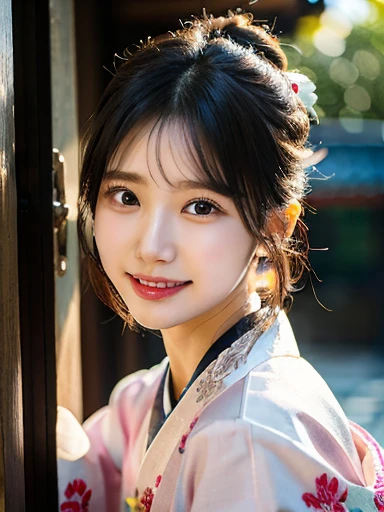 (masterpiece, best quality, photo realistic, official art:1.4), (UHD, 8K quality wallpaper, High resolution, raw photo, film grain:1.2), (shiny skin), professional lighting, physically-based rendering, Award-winning, highly detailed skin, (extremely detailed face and eyes, clear pupils), Carl Zeiss 300 mm F/2.8, depth of field, BREAK, 1girl, solo, kawaii 24-year-old Korean girl, (Nogizaka idol:0.7), (Korean idol Suzy), (glossy straight black hair, double buns, forehead:1.3), extra rounded face, (single eyelid), (big laughing:1.3), beautiful even white teeth, (wearing light pink Hanbok with colorful floral patterned embroideries:1.3), (breasts emphasized, well shaped medium breasts:0.8), (looking at viewer), BREAK, (at a Korean temple), winter daytime, warm sunlight, (seductive posing, dynamic angle:1.3), bust shot,