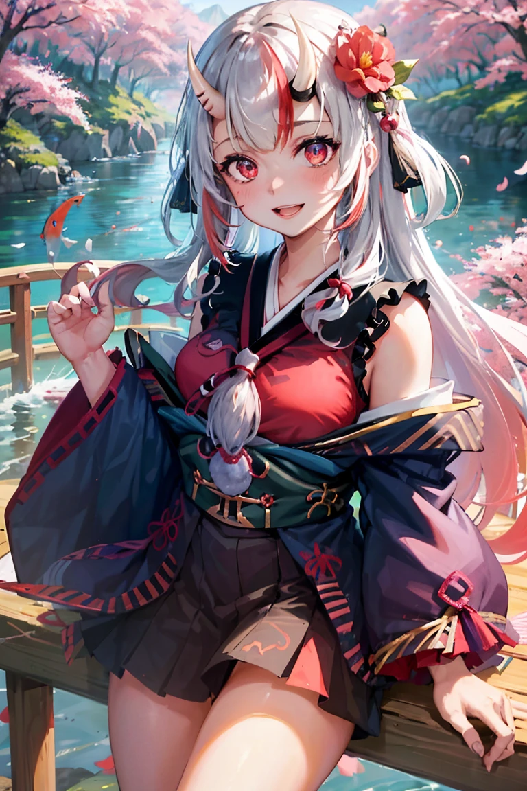 masterpiece, best quality, ultra-detailed, glistening shiny, glowing light, ray tracing, HDR, deph of field, (perfect face, detailed face, detailed eyes,perfect handedium boobs:0.7),8k,HD,ultra realistic face,ray tracing,perfect lighting,best quality, ultra-detailed, shiny eyes, (looking at viewer,open mouth smile:1.1), ((1girl)), (mature female:1.4),cowboy shot,thighs,pov,
furina,long hair,hair over one eye,((gradient hair)),multicolored eyes, gradient eyes, (glowing eyes:1.5), mascara, (fashion make up), parted lips,blush, medium breasts,hat flower,
((middle of japanese countryside,japanese bridge,over the bridge,river,cherry trees,cherry petals,dark blue sky,Koi on river)),(complex background, many elements in the background:1.2),((super detailed background)), mistress poses, ((8k wallpaper)),