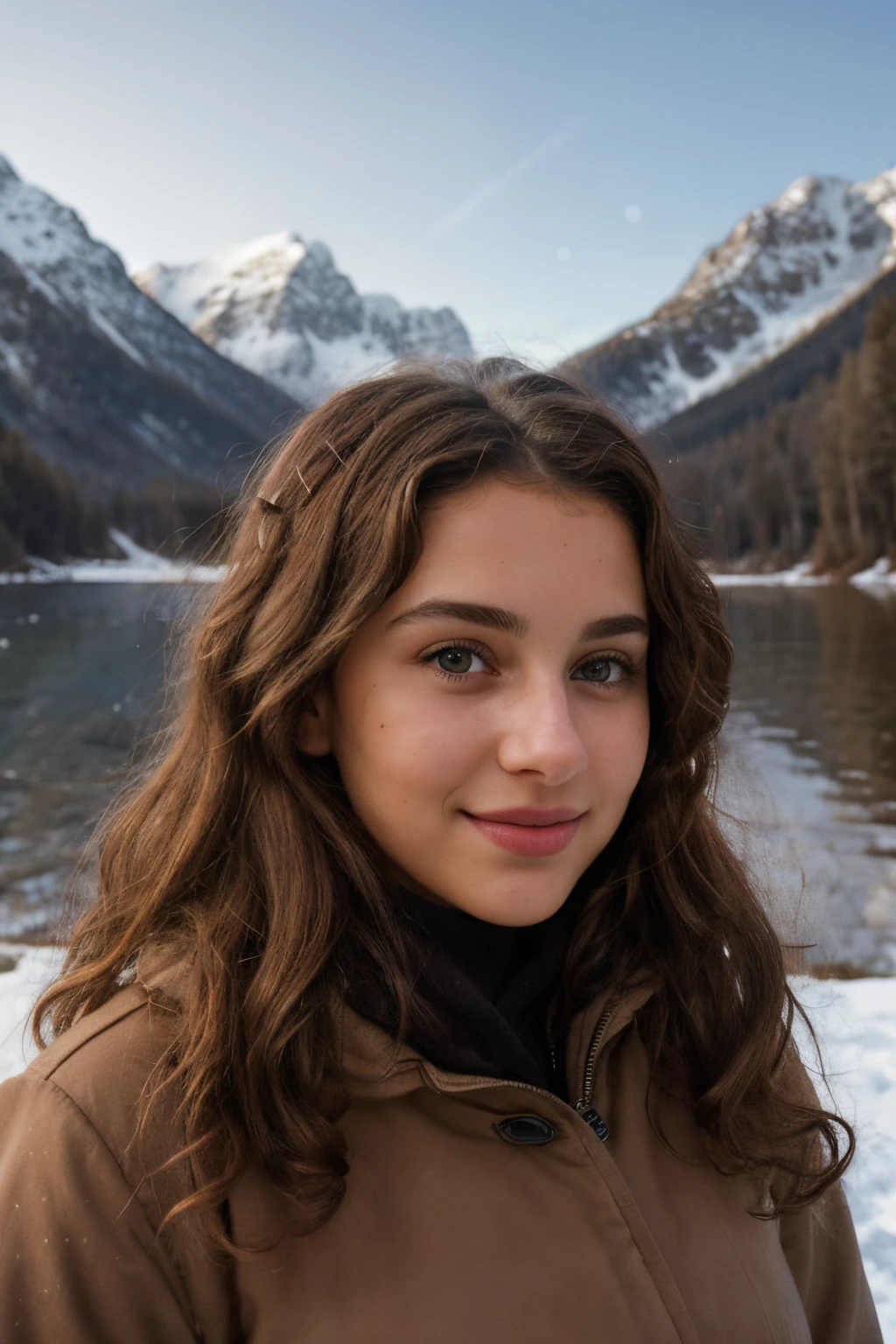 arafed smiling woman with a fur vest and a necklace on her neck, girl of the alps, inuit, fur covering her chest, she is smiling and excited, a mountain look like a women, flat chested, portrait sophie mudd, portrait of nordic girl, she is smiling, inuit heritage, gorgeous young model, breathtaking face, headshot of young female furry
